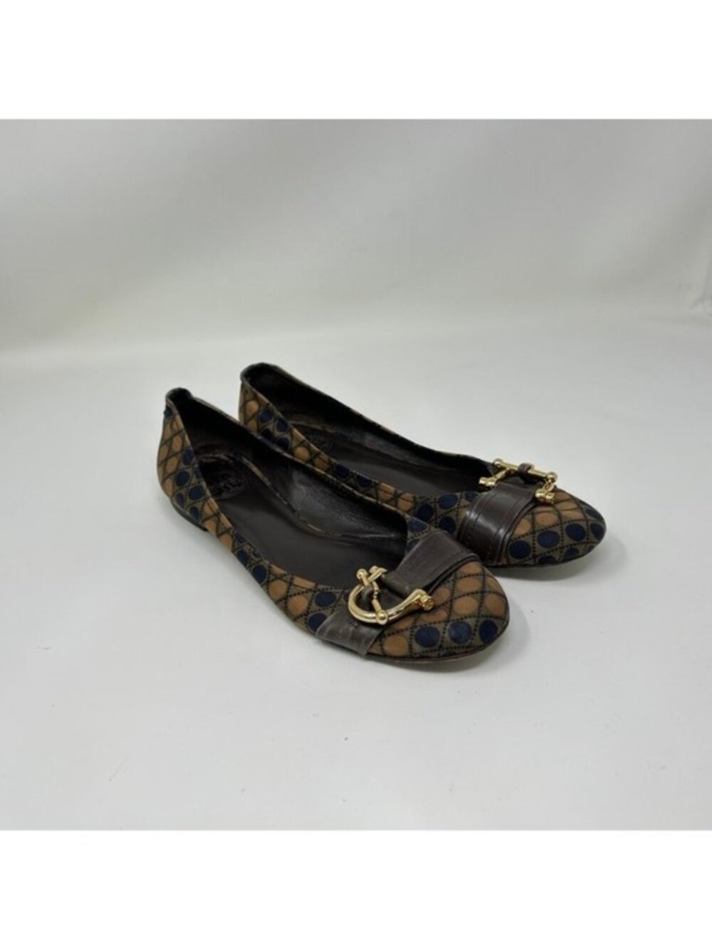 Tory Burch ballet buckle Brown Navy Circle Print gold Buckle Flats size 6 flats